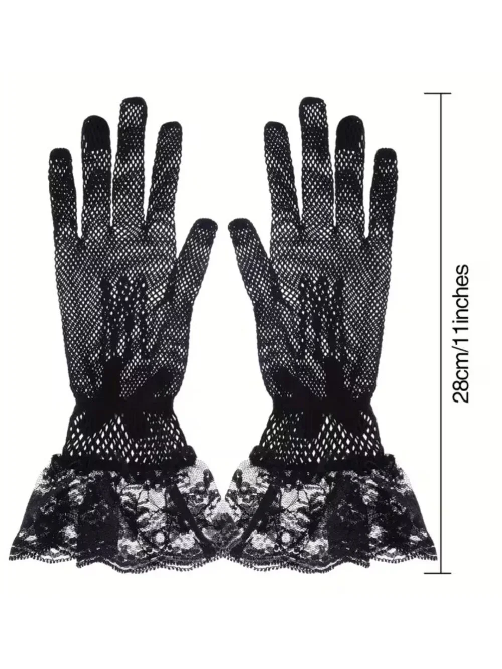 Fishnet Gloves Black Lace Trim Satin Bow Dance Gothic Carnival Role-Playing